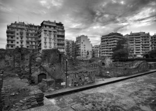 Forum Romanum, Roman Forum, Roman Agora, archaeological site, black and white, Thessaloniki,