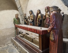 Life-size polychrome wooden entombment at Eglise Saint-Roch in Aubazat, Haute-Loire, Haut Allier,