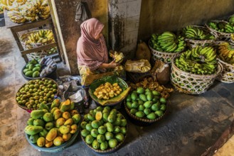 Traditional authentic food market, vendor, woman, fruit, vegetable, fresh, food, nutrition, sale,
