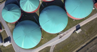 Aerial view of a biogas plant, energy production from biomass at an agricultural business,