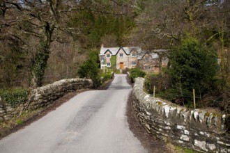 Packhorse bridge traditional village cottages, Brendon, Exmoor national park, Devon, England,