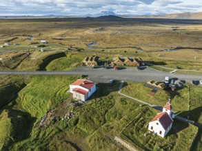 Mödrudalur farm and guesthouse northwest of Egilsstadir, aerial view of church, restaurant and