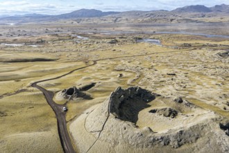 Craters of the Laki crater row, top down view, viewing platform, 4x4 car on road F206, Skafta river