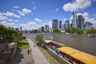 Riverside promenade on the Main with high-rise buildings and Untermainbrücke bridge in Frankfurt am