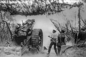 1916 British WWI artillery soldiers firing heavy 8-inch howitzer field gun during World War One at