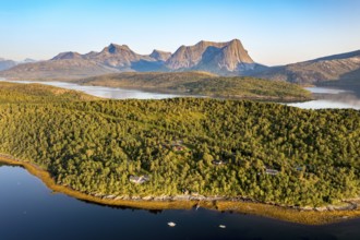Aerial view over the fjord Efjord south of Narvik, seen at sunset, leisure boats anchor, holiday