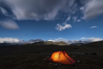 Tent in mountain landscape, Sarek National Park, World Heritage Laponia, Norrbotten, Lapland,