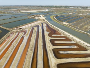 Saline ponds at the salt works near Chiclana de la Frontera. The orange-red colour depends on the
