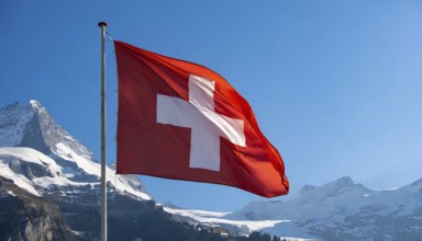 Flag, the national flag of Switzerland flutters in the wind