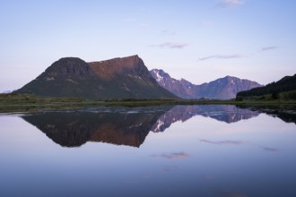 Landscape on the Lofoten Islands. Vagspollen bay, with Offersoykammen mountain behind it. The