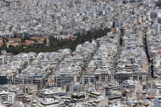 View of the city centre from Lycabettus Hill, Lykavittos, sea of houses with little greenery,