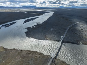 Bridge over river Jökuls a Fjöllum, ringroad no. 1, Mt. Herdubreid in the back, aerial view,