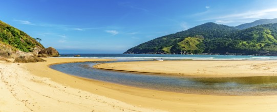 Panoramic photograph of Bonete beach in Ilhabela with the river flowing into the sea, Bonete beach,