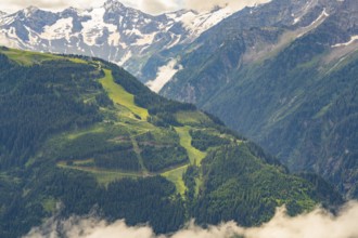 Alpine mountain landscape with green forests and alpine pastures in front of snow-covered mountain
