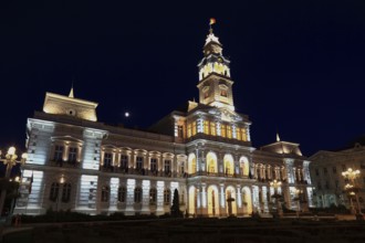 Banat, city of Arad, city centre, city hall at night, illuminated, Romania, Europe