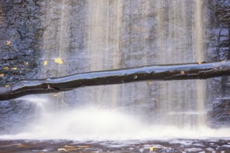 Tree log by a waterfall with falling water by a rock face