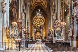 Magnificently decorated church interior with ornate vaults and rich lighting, Vienna