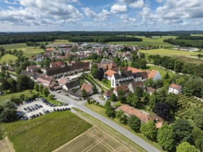 Aerial view of the village of Heiligkreuztal with the cathedral and the former Cistercian nunnery,