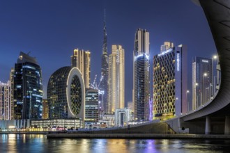 View of Dubai Burj Khalifa skyline tallest building in the world downtown at night in Dubai, United