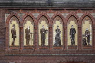 Frieze with historical figures on decorative tiles, including Carl and Ottilia Jacobsen, Dipylon or