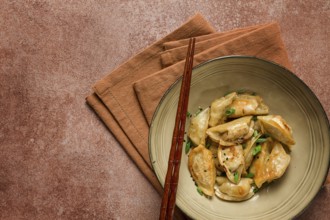 Japanese fried gyoza dumplings, with pork, sesame seeds, green onions