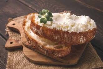 Sandwich, with cream cheese, homemade, on a cutting board, rustic style, no people, selective
