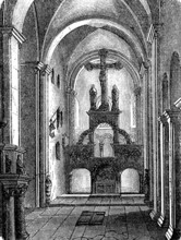 Interior of the monastery and parish church, Romanesque basilica of the Holy Cross, altar, round