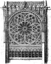 Rose window, west front of Rouen Cathedral, Coronation Church, France, historical illustration