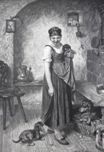 Offspring in the dog family, woman with dog basket and puppies in the kitchen, around 1880,