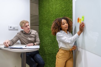Businesswoman sticking notes on whiteboard while businessman analyzing reports in modern coworking