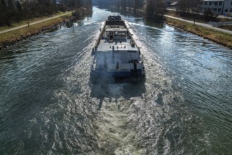 Cargo ship on the Main-Danube Canal, Möhrendorf, Bavaria, Germany, Europe