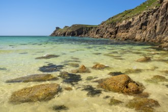 Sandy beach beach and rocks in Nanjizal Bay or Nanjizal Beach. St Just, Penzance, Cornwall,