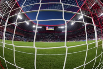 Overview, interior, floodlit match, behind-the-goal perspective, goal net, blue hour, fisheye shot,