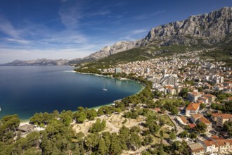 Makarska and the Biokovo Mountains seen from the air, Croatia, Europe
