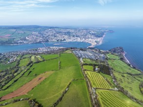 Farms and Fields over River Teign from a drone, Teignmouth, Shaldon, Devon, England, United
