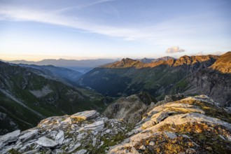 Picturesque mountain landscape at the summit of Mont de la Blana at sunset, view of La Dixence