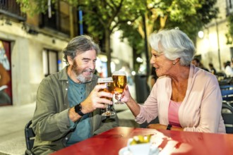 Senior couple toasting in a sidewalk bar in the city of Madrid