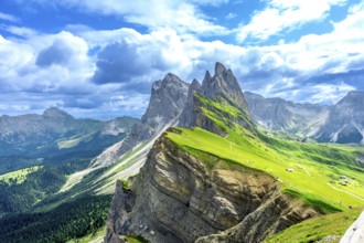 Hiking trails wind through lush green valleys beneath the majestic peaks of the seceda mountains in