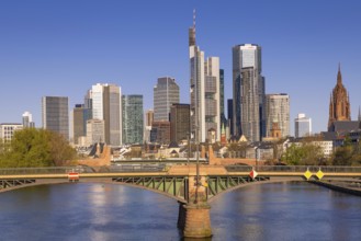 The sun shines on the skyscrapers of Frankfurt's banking skyline in the morning, Frankfurt am Main,