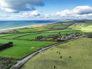 Farms over Swyre and West Bexington from a drone, West Bexington Nature Reserve, S W Coast Path,