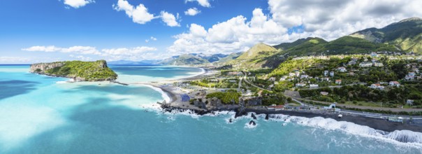 Panorama of Praia a Mare from a drone, Tyrrhenian Sea, Cosenza, Calabria, Italy, Europe