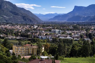 View from Tappeinerweg, Tappeiner promenade, on hospital, vineyards, Merano, Meran, South Tyrol,