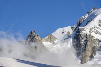 High alpine mountain landscape, summit of Aiguille de Chardonnet and Glacier du Tour, detail of the