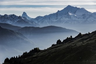 Swiss Alps, Matterhorn, evening light, dusk, fog, silhouette, Valais, Switzerland, Europe