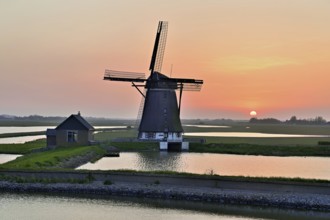 Historic windmill in the light of the setting sun, De Traanroeier, Het Noorden Molen, Texel, North