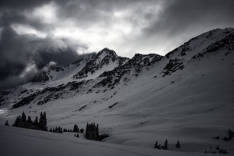 Mountain valley with light and shade in winter, Baad, Vorarlberg, Austria, Europe