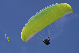 Paraglider pilot with green and yellow paraglider flies in the blue sky