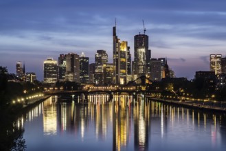 Skyline of Frankfurt am Main in the evening, skyscrapers in the banking district in the evening.