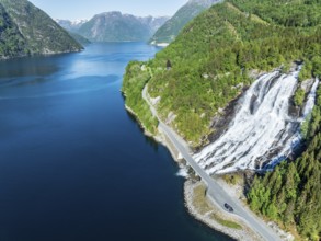 Waterfall Furebergsfossen at the Hardangerfjord, near Aenes, aerial view, Hardanger, Norway, Europe