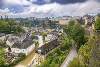 City panorama of Luxembourg: View of the historic Grund district and the Alzette river